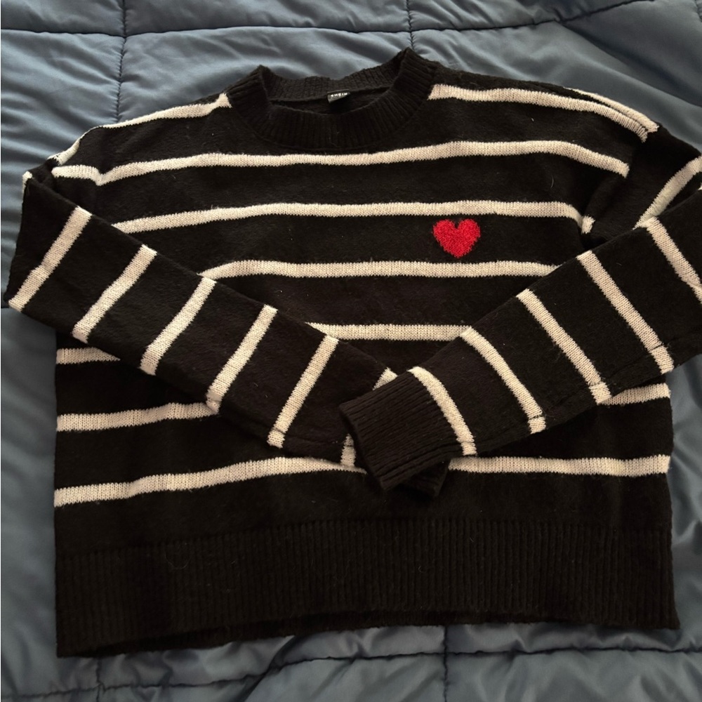 Black and White Striped Sweater with Red Heart